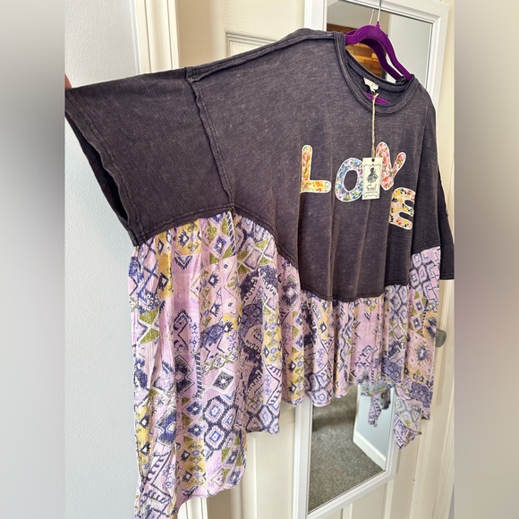 NEW🩶Easel Oversized Solid and Mixed Print LOVE Patched Top Small Ash - Picture 7 of 10